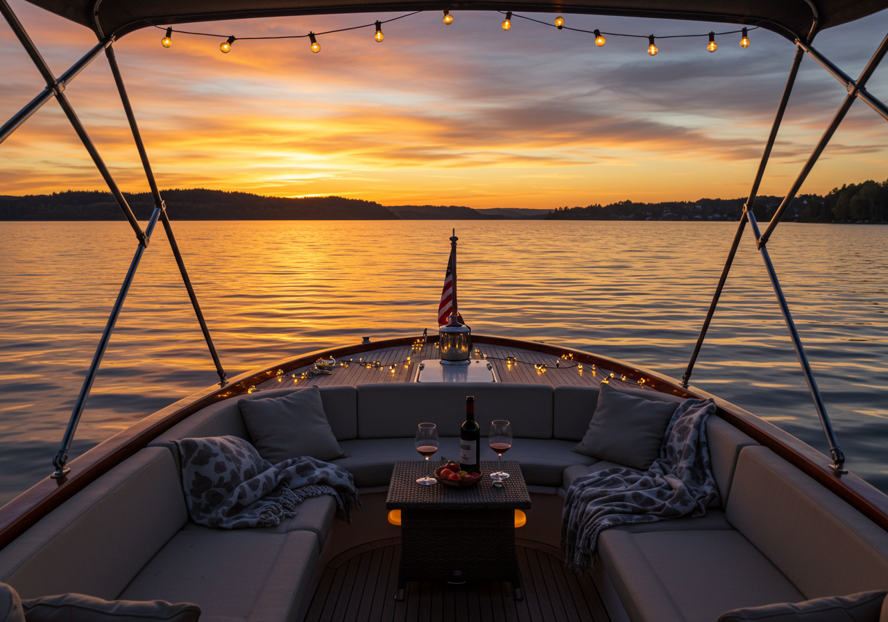 A couple enjoying a romantic sunset cruise on the lake